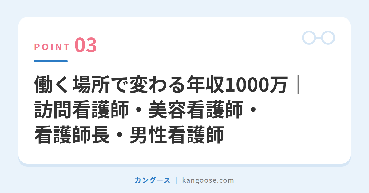 働く場所で変わる年収1000万|訪問看護師・美容看護師・看護師長・男性看護師